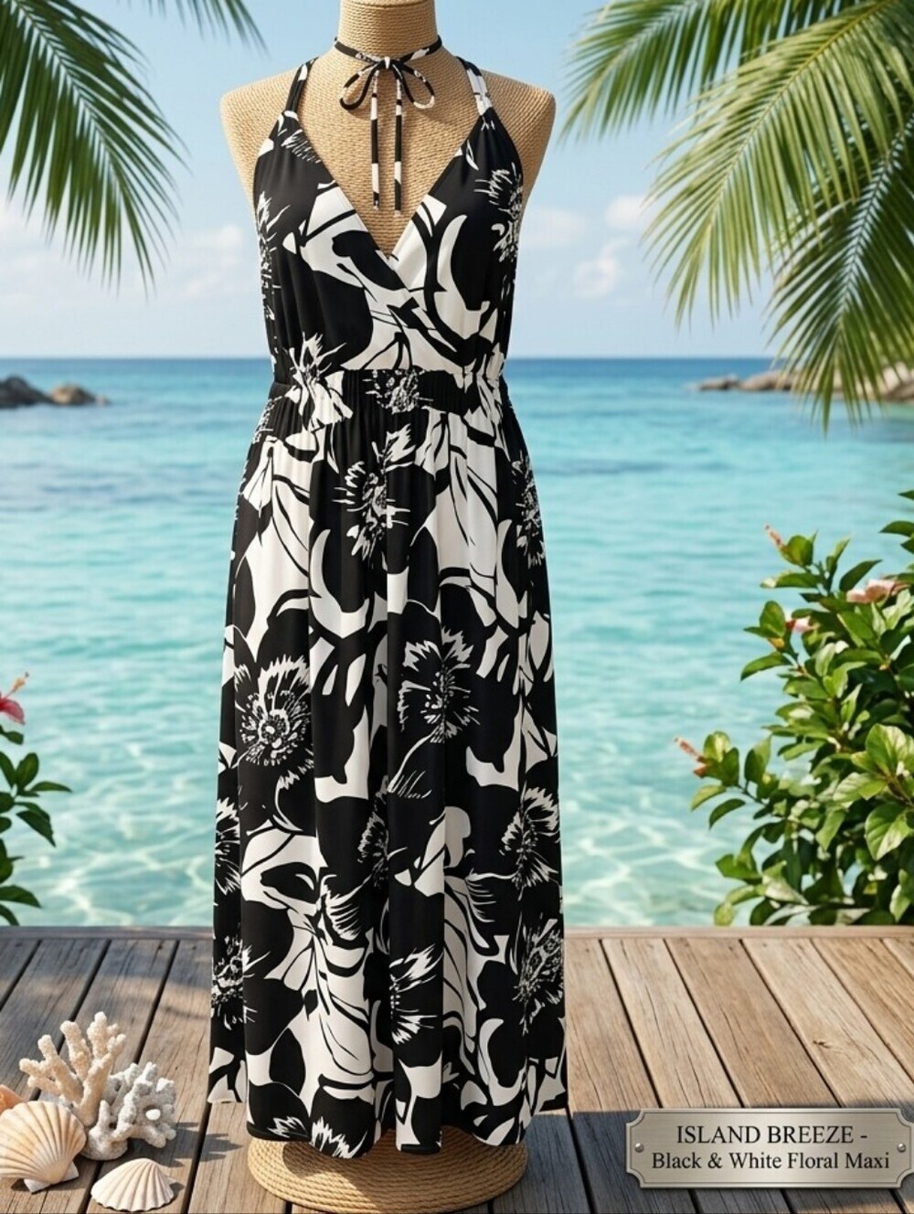 698h a.n.a Black & White Bold Floral Halter Maxi Dress Plus Size 2X D142